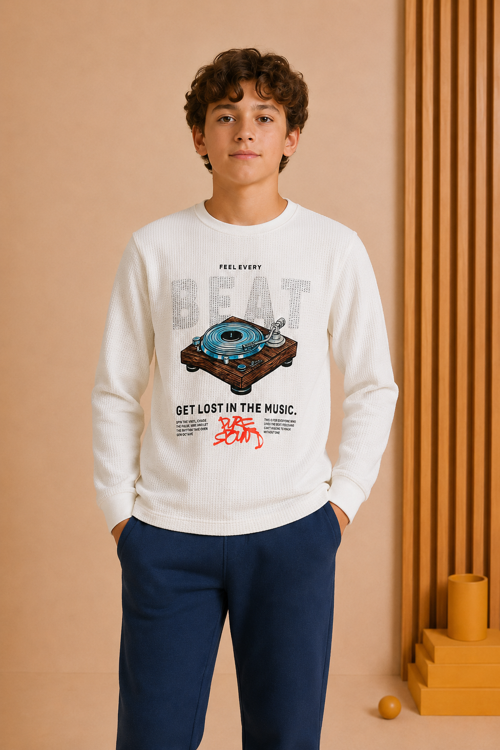 Junior Boys White Cotton Seer Sucker Full Sleeve Pre-Winter T-Shirt – Regular Fit Graphic Round Neck Tee