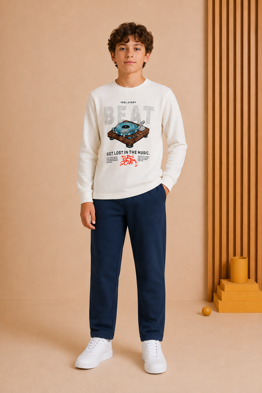 Junior Boys White Cotton Seer Sucker Full Sleeve Pre-Winter T-Shirt – Regular Fit Graphic Round Neck Tee