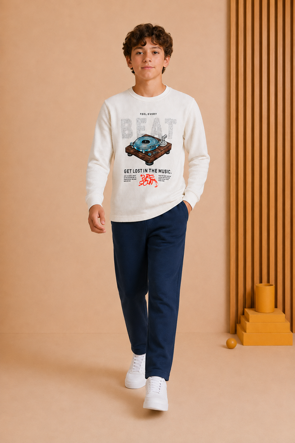 Junior Boys White Cotton Seer Sucker Full Sleeve Pre-Winter T-Shirt – Regular Fit Graphic Round Neck Tee