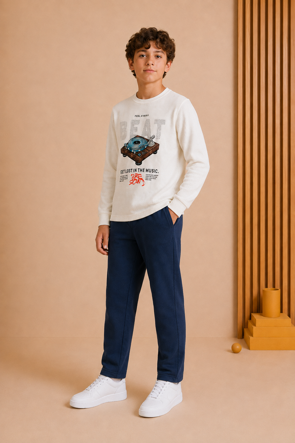 Junior Boys White Cotton Seer Sucker Full Sleeve Pre-Winter T-Shirt – Regular Fit Graphic Round Neck Tee