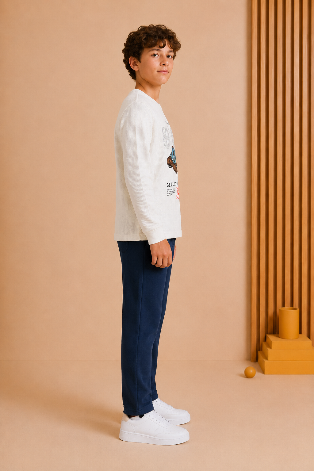Junior Boys White Cotton Seer Sucker Full Sleeve Pre-Winter T-Shirt – Regular Fit Graphic Round Neck Tee