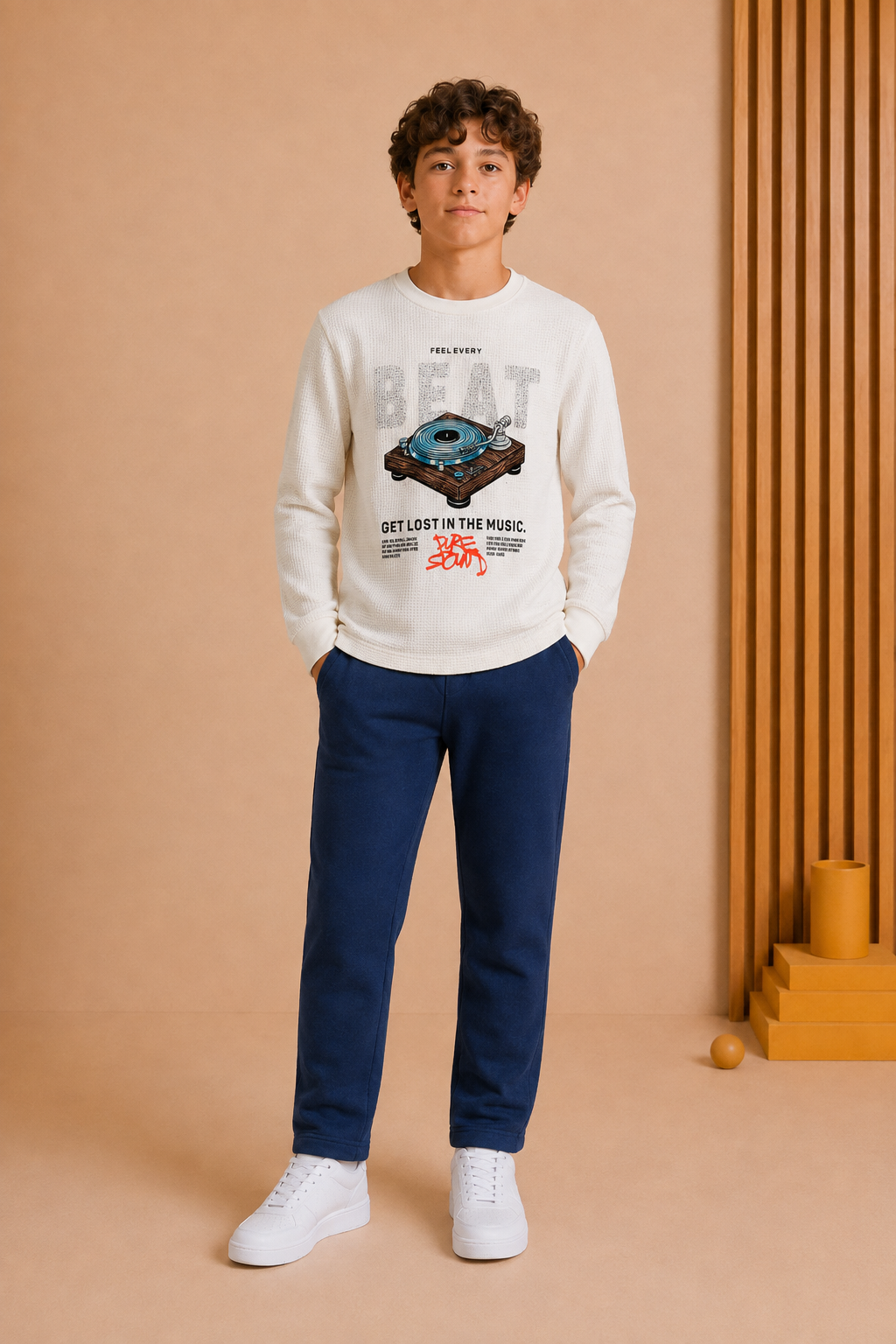 Junior Boys Pristine Cotton Seer Sucker Full Sleeve Pre-Winter T-Shirt – Regular Fit Graphic Round Neck Tee