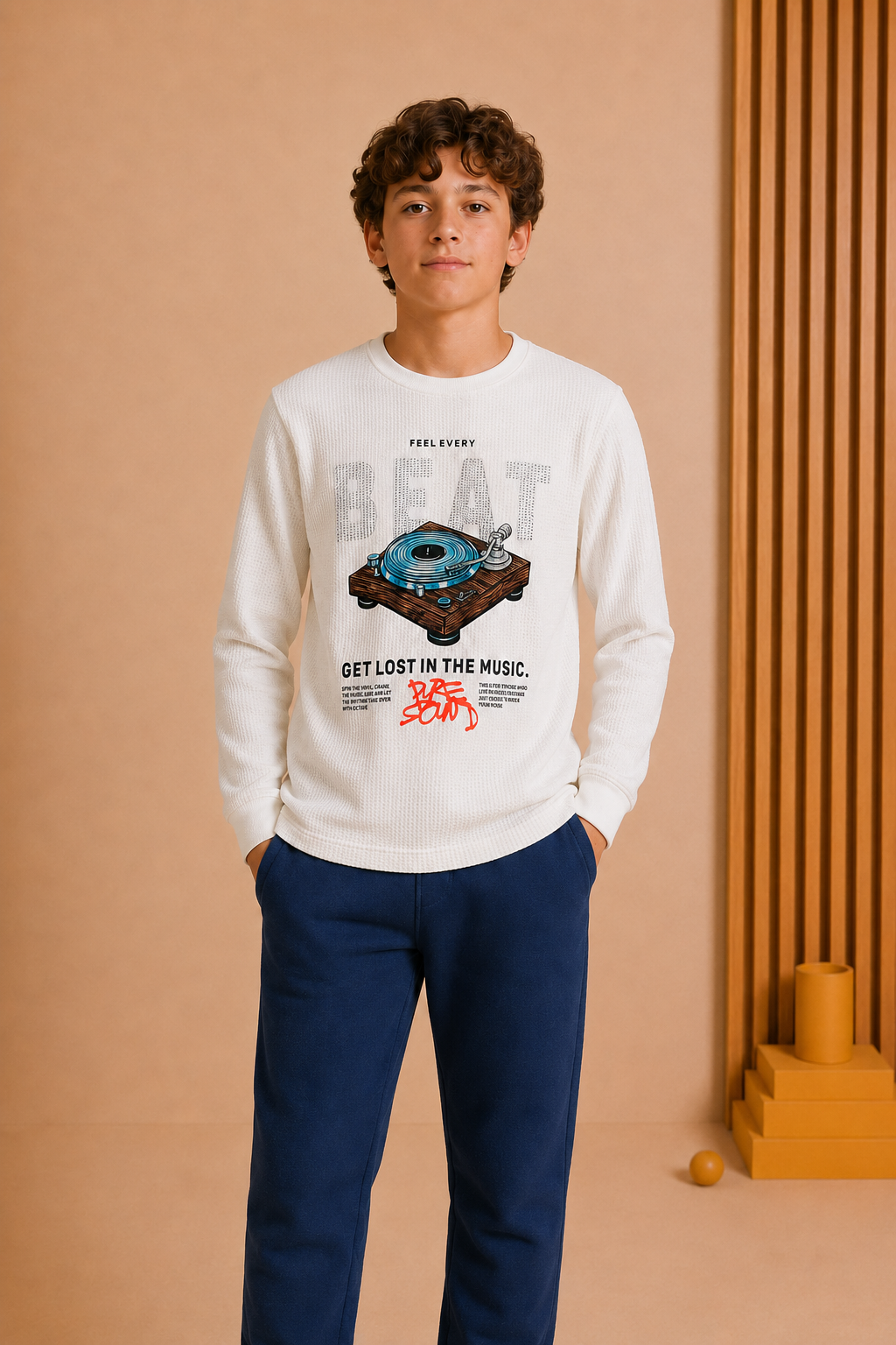 Junior Boys Pristine Cotton Seer Sucker Full Sleeve Pre-Winter T-Shirt – Regular Fit Graphic Round Neck Tee