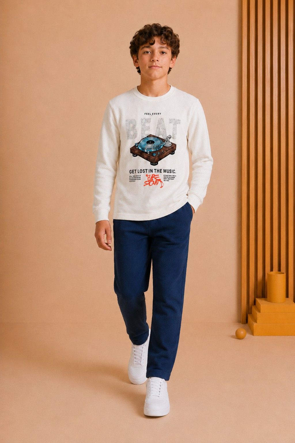 Junior Boys Pristine Cotton Seer Sucker Full Sleeve Pre-Winter T-Shirt – Regular Fit Graphic Round Neck Tee