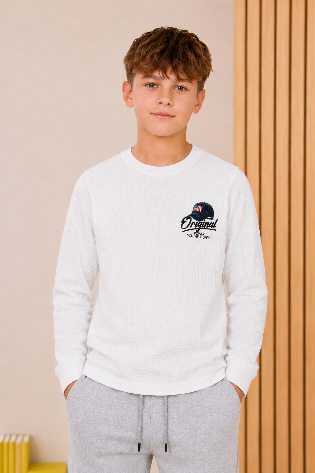 Junior Boys Cyber Orange Cotton Blend Full Sleeve Pre-Winter T-Shirt – Regular Fit Graphic Round Neck Tee