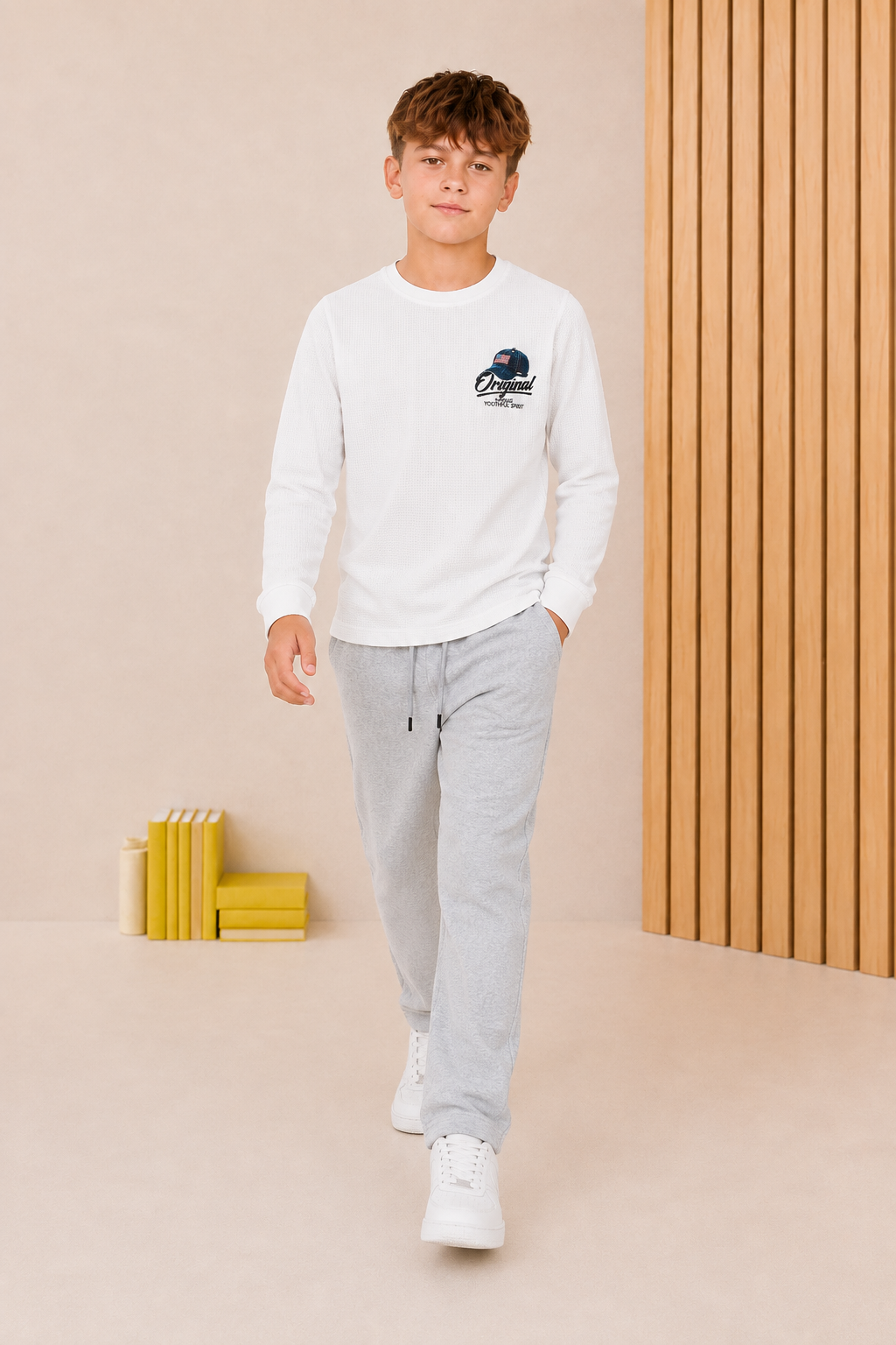 Junior Boys Cyber Orange Cotton Blend Full Sleeve Pre-Winter T-Shirt – Regular Fit Graphic Round Neck Tee