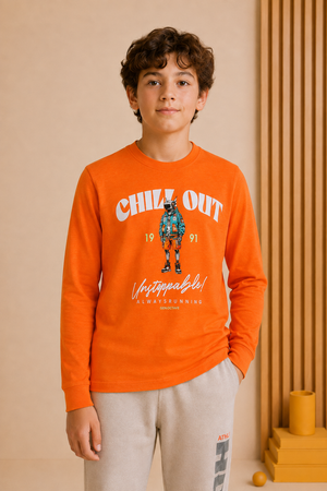 Junior Boys Cyber Orange Cotton Blend Full Sleeve Pre-Winter T-Shirt – Regular Fit Graphic Round Neck Tee