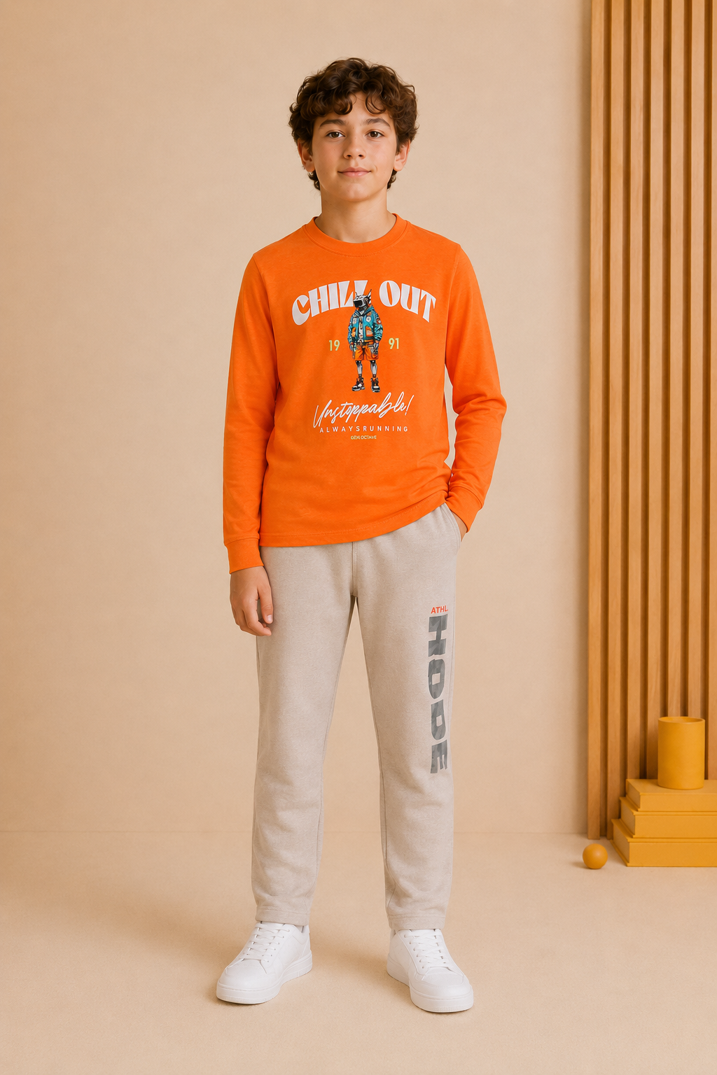 Junior Boys Cyber Orange Cotton Blend Full Sleeve Pre-Winter T-Shirt – Regular Fit Graphic Round Neck Tee