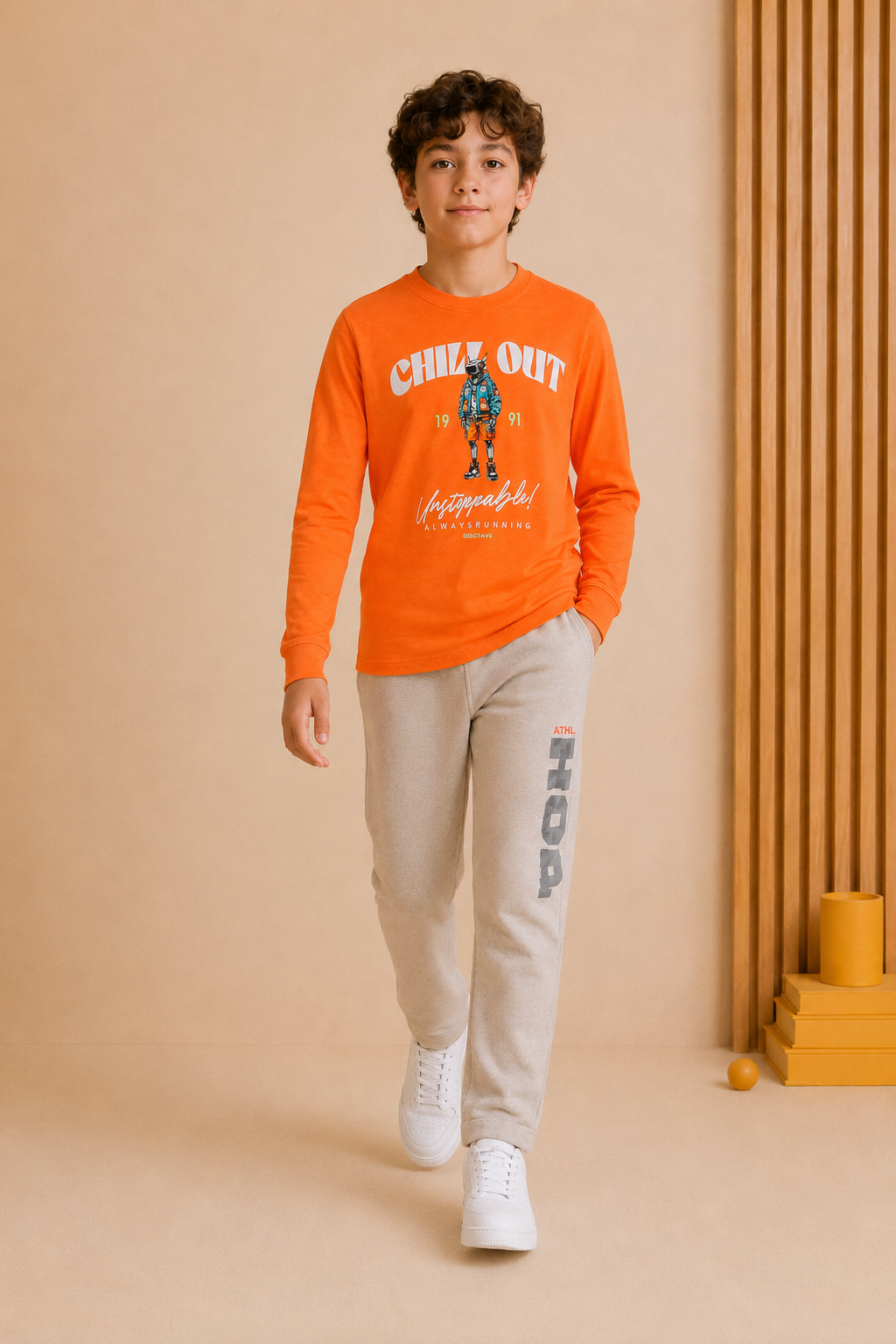Junior Boys Cyber Orange Cotton Blend Full Sleeve Pre-Winter T-Shirt – Regular Fit Graphic Round Neck Tee