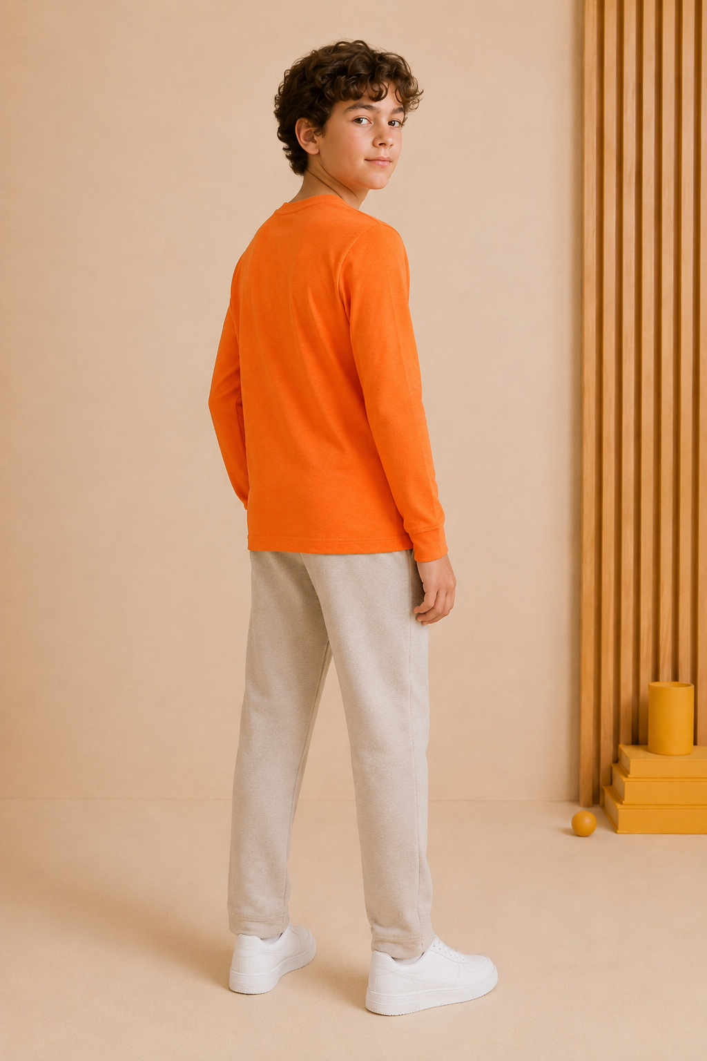Junior Boys Cyber Orange Cotton Blend Full Sleeve Pre-Winter T-Shirt – Regular Fit Graphic Round Neck Tee
