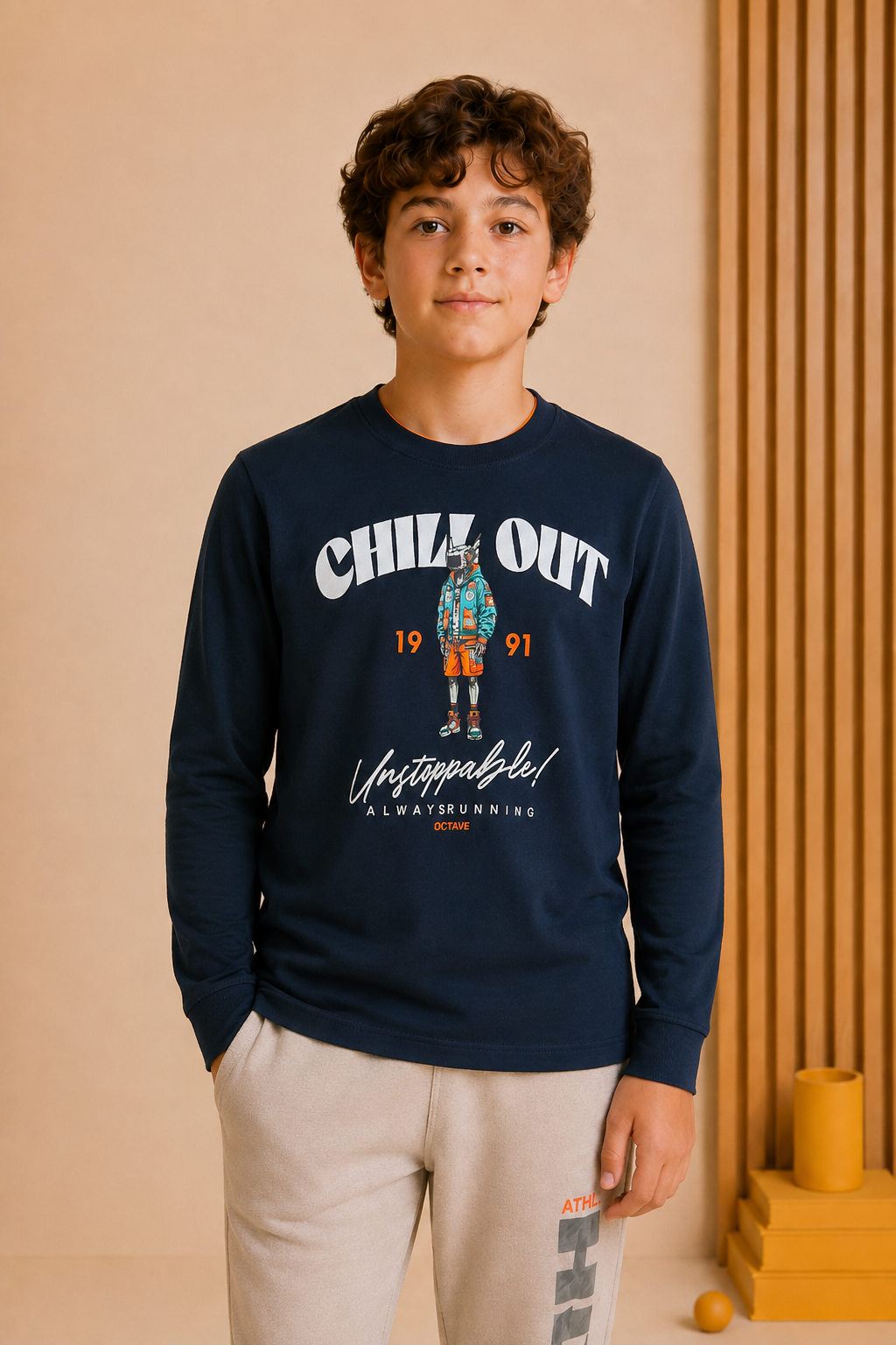 Junior Boys Dark Navy Cotton Blend Full Sleeve Pre-Winter T-Shirt – Regular Fit Graphic Round Neck Tee