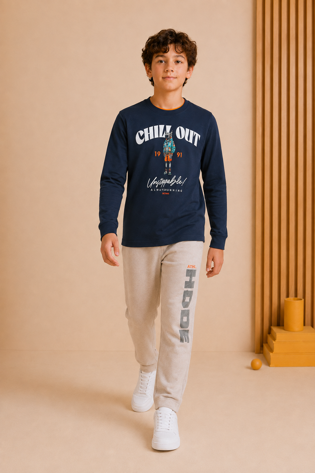 Junior Boys Dark Navy Cotton Blend Full Sleeve Pre-Winter T-Shirt – Regular Fit Graphic Round Neck Tee