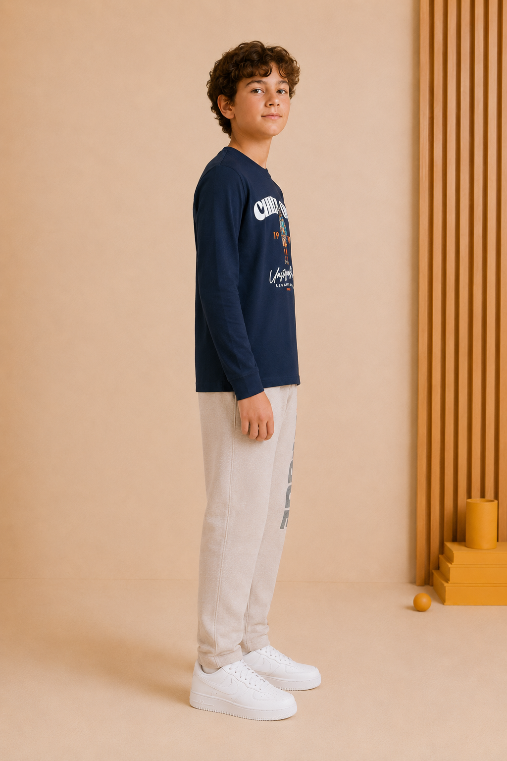 Junior Boys Dark Navy Cotton Blend Full Sleeve Pre-Winter T-Shirt – Regular Fit Graphic Round Neck Tee
