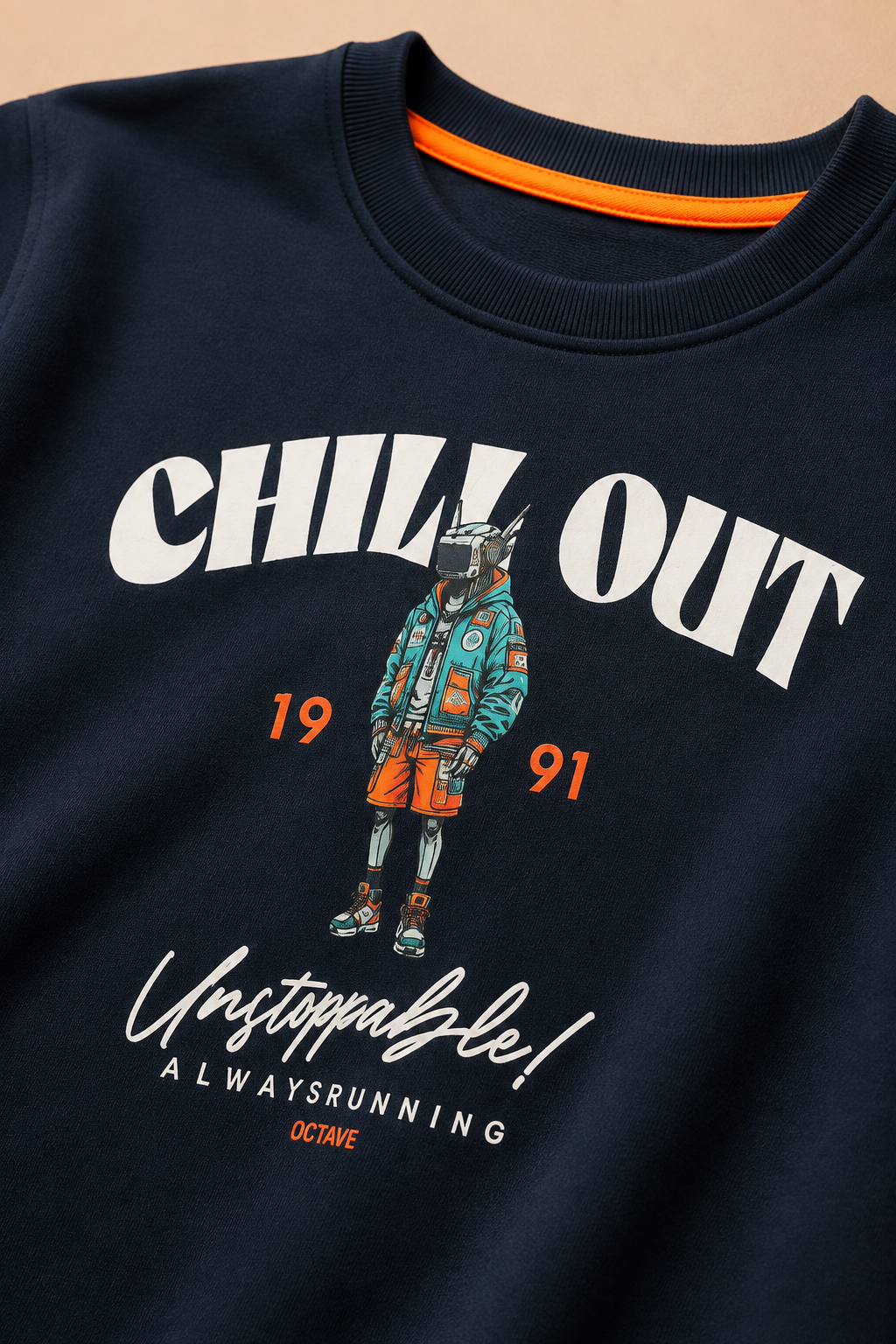 Junior Boys Dark Navy Cotton Blend Full Sleeve Pre-Winter T-Shirt – Regular Fit Graphic Round Neck Tee