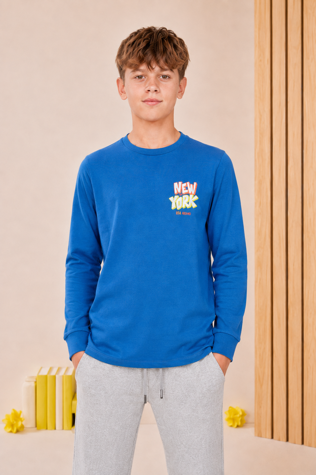 Junior Boys High Tide Cotton Sinker Full Sleeve Pre-Winter T-Shirt – Regular Fit Graphic Round Neck Tee
