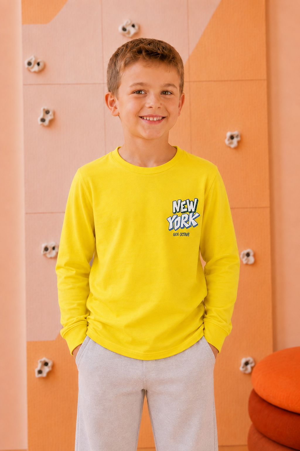 Junior Boys Lime Light Cotton Sinker Full Sleeve Pre-Winter T-Shirt – Regular Fit Graphic Round Neck Tee