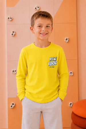 Junior Boys Lime Light Cotton Sinker Full Sleeve Pre-Winter T-Shirt – Regular Fit Graphic Round Neck Tee