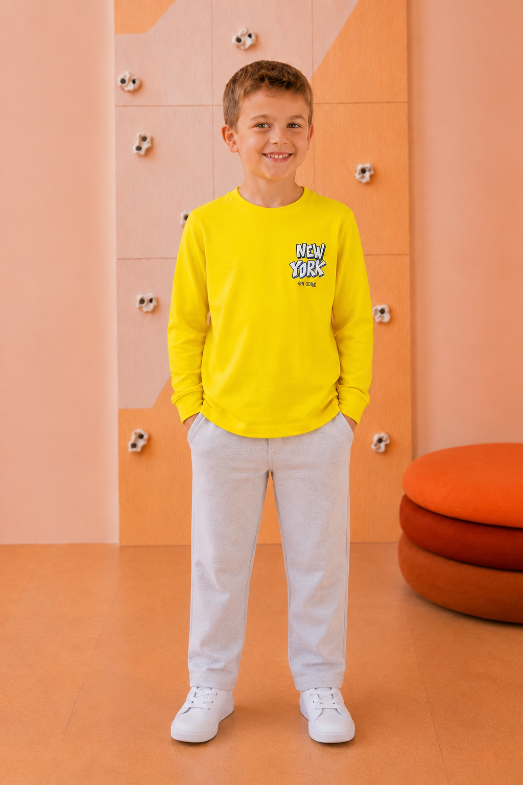 Junior Boys Lime Light Cotton Sinker Full Sleeve Pre-Winter T-Shirt – Regular Fit Graphic Round Neck Tee