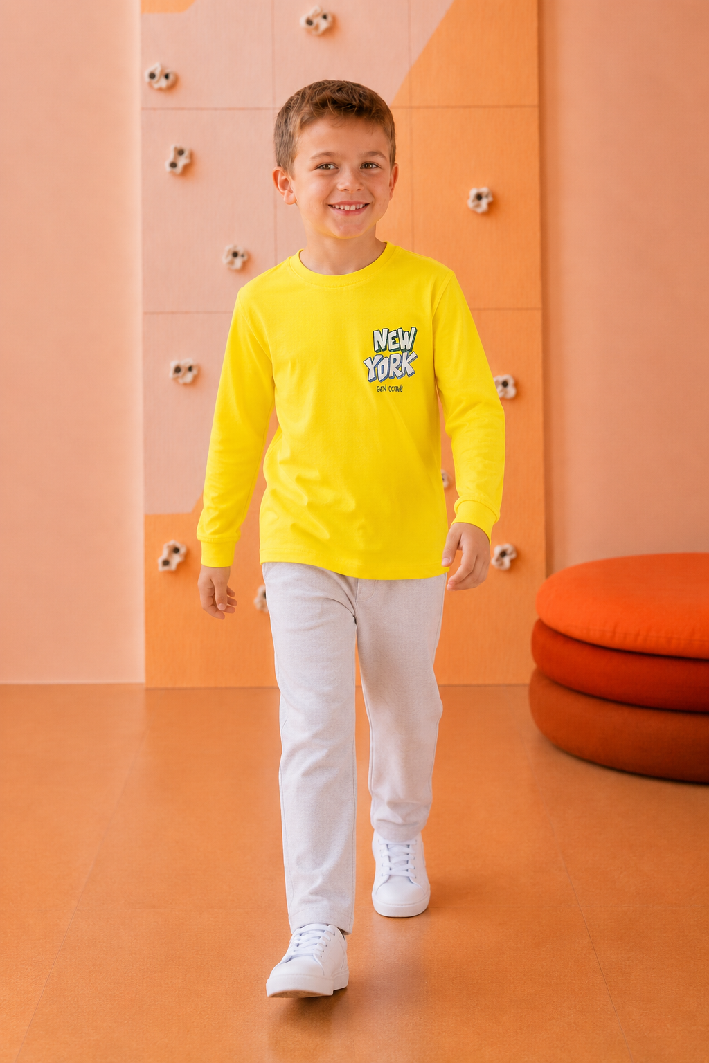 Junior Boys Lime Light Cotton Sinker Full Sleeve Pre-Winter T-Shirt – Regular Fit Graphic Round Neck Tee