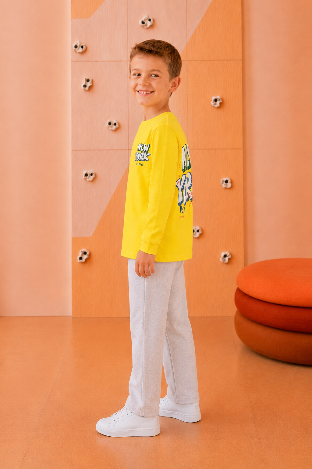 Junior Boys Lime Light Cotton Sinker Full Sleeve Pre-Winter T-Shirt – Regular Fit Graphic Round Neck Tee