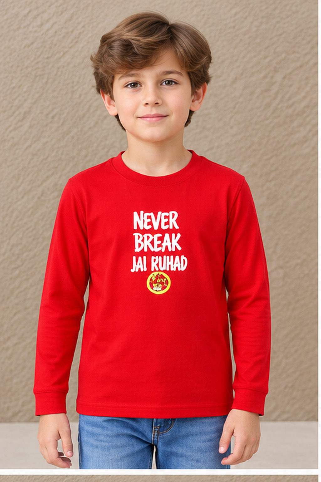 Junior Boy Cotton Sinker Prewinter Full Sleeve Graphic T-Shirt – Round Neck, Tomato Red
