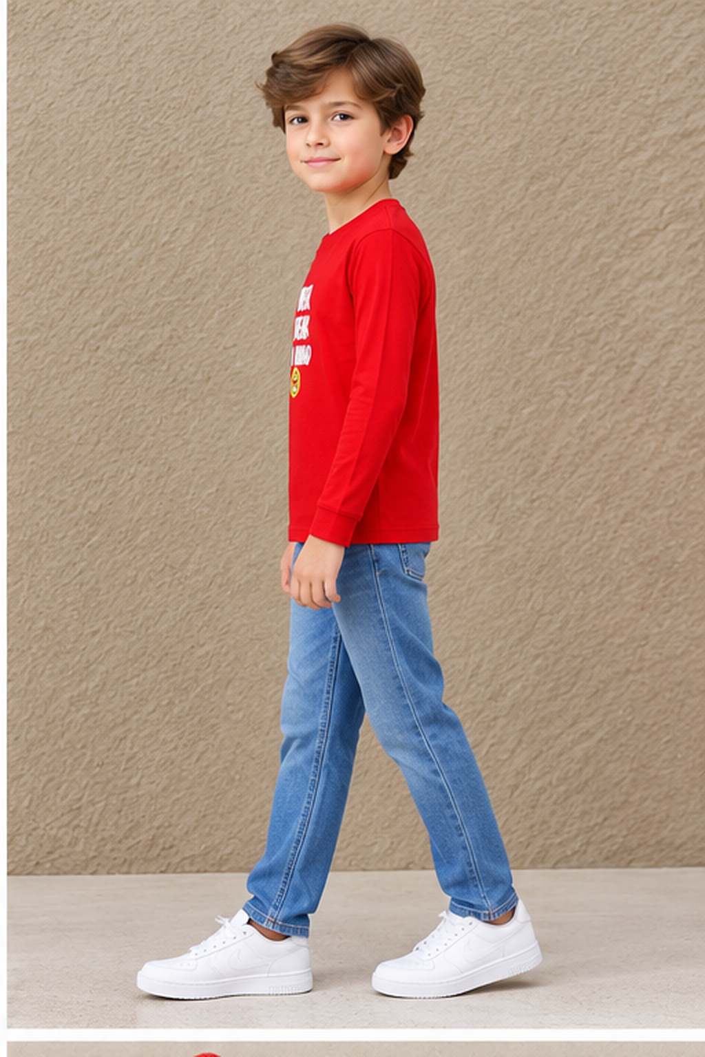 Junior Boy Cotton Sinker Prewinter Full Sleeve Graphic T-Shirt – Round Neck, Tomato Red