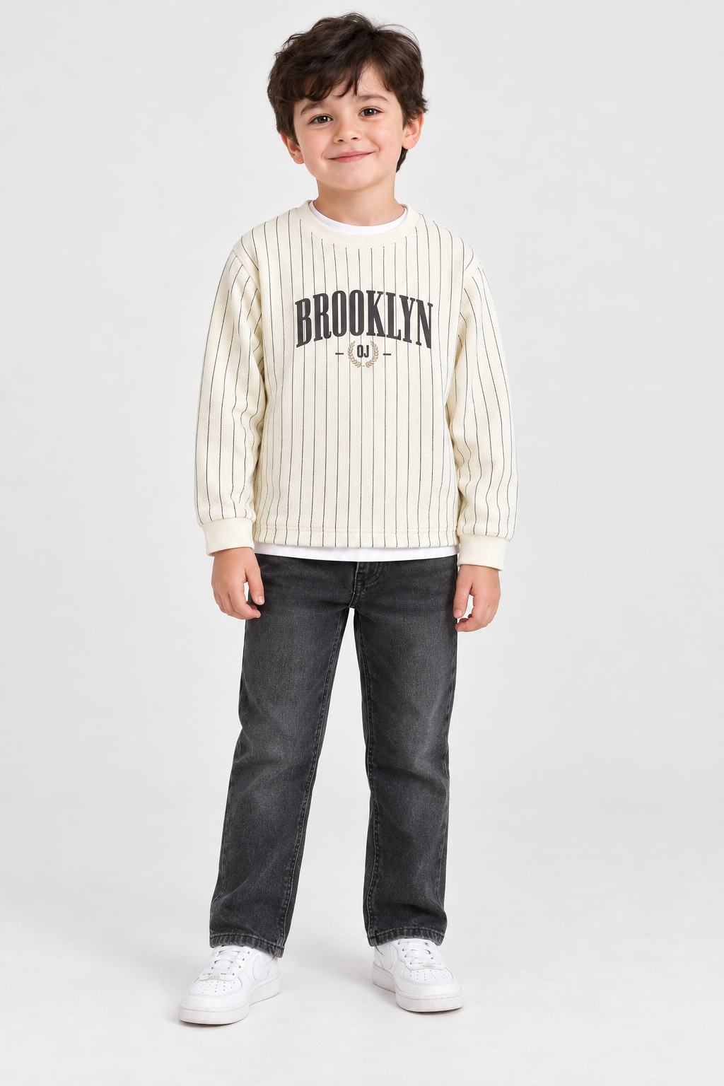 Junior Boys Cream Seersucker Full Sleeve T-Shirt – Regular Fit
