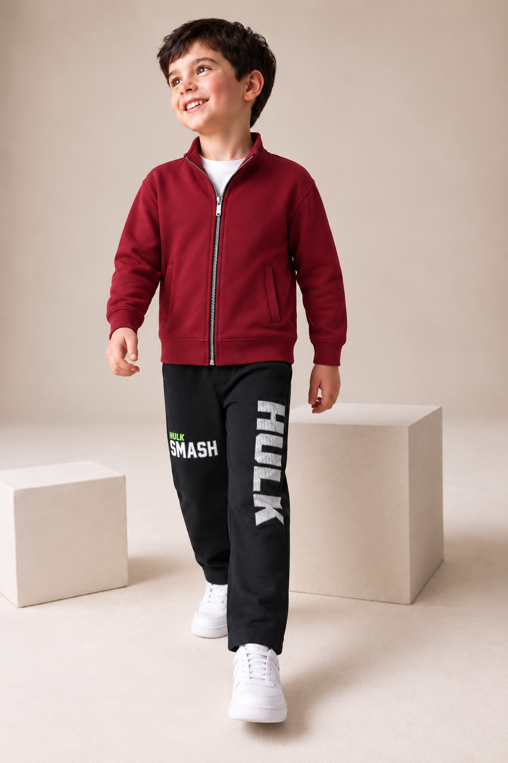 Junior Boys Merlot Melange German Velvet Full-Zip Sweatshirt – Regular Fit
