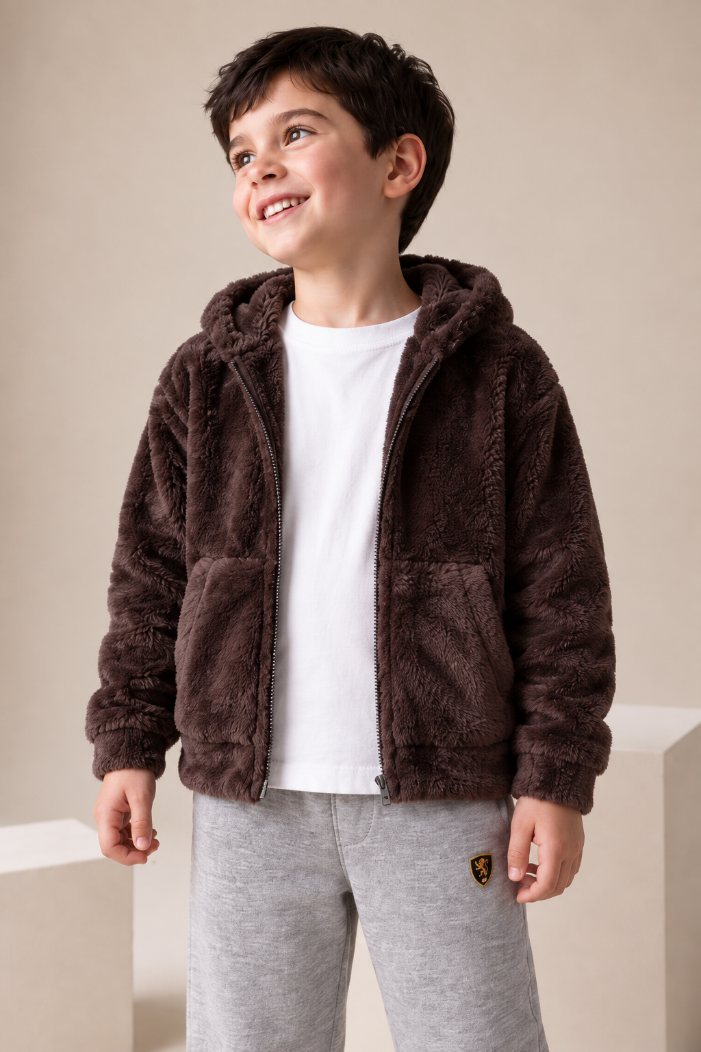 Junior Boys Espresso Double-Sided Coral Fur Hooded Sweatshirt – Regular Fit