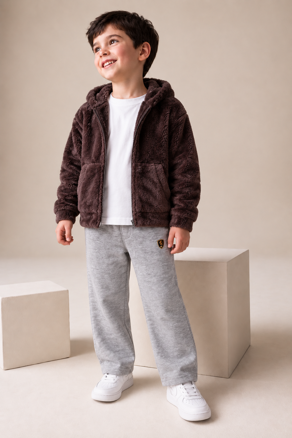 Junior Boys Espresso Double-Sided Coral Fur Hooded Sweatshirt – Regular Fit