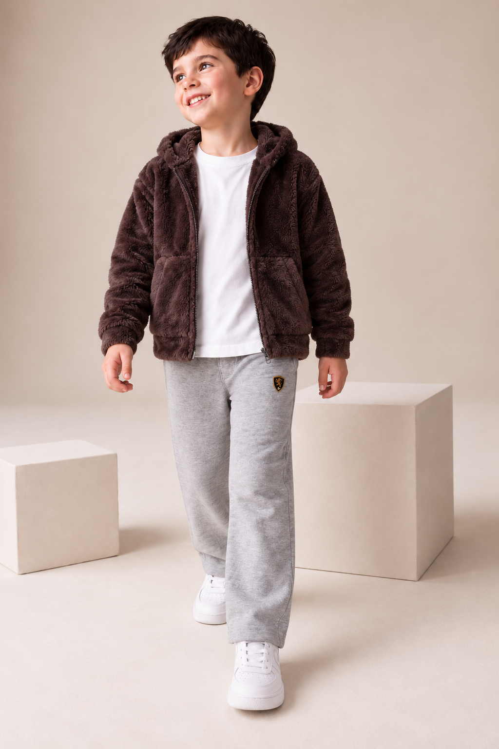 Junior Boys Espresso Double-Sided Coral Fur Hooded Sweatshirt – Regular Fit