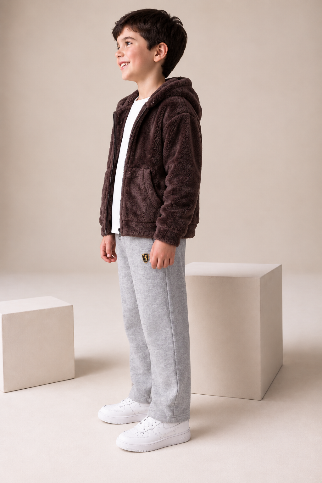Junior Boys Espresso Double-Sided Coral Fur Hooded Sweatshirt – Regular Fit
