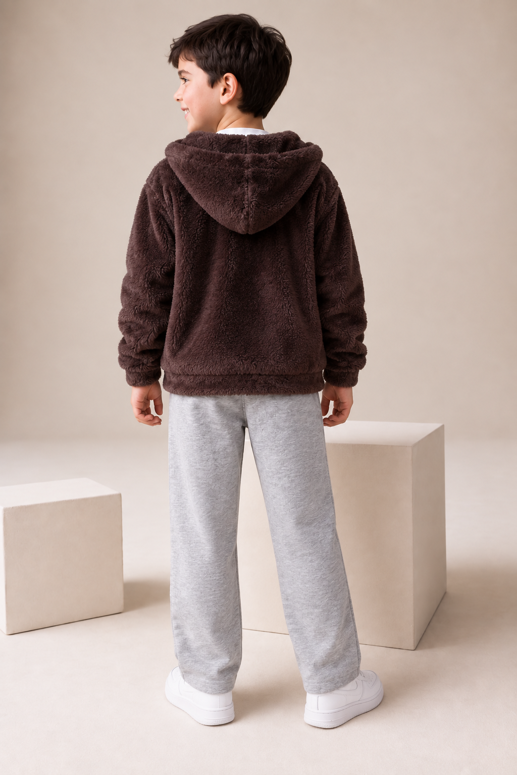 Junior Boys Espresso Double-Sided Coral Fur Hooded Sweatshirt – Regular Fit