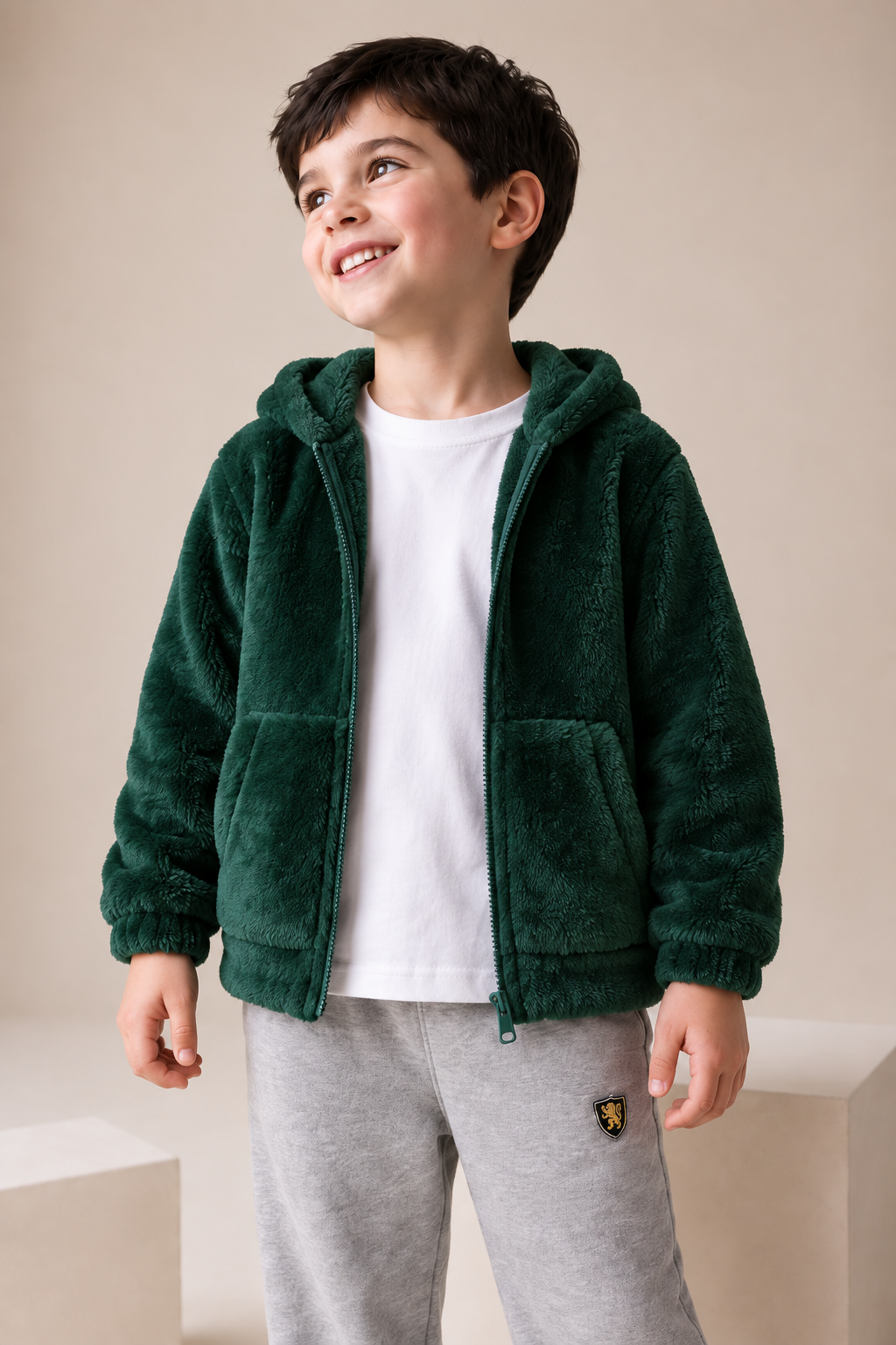 Junior Boys Hunter Green Double-Sided Coral Fur Hooded Sweatshirt – Regular Fit
