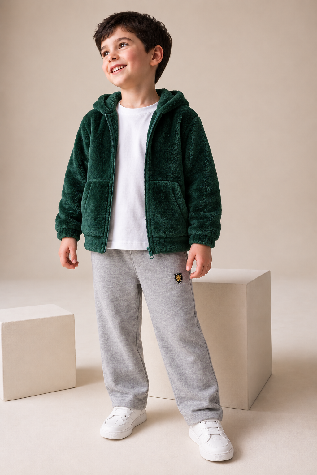 Junior Boys Hunter Green Double-Sided Coral Fur Hooded Sweatshirt – Regular Fit