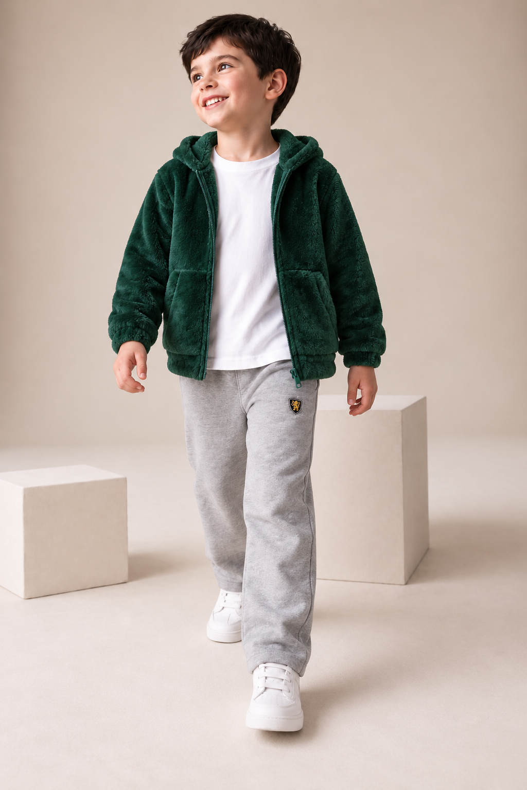 Junior Boys Hunter Green Double-Sided Coral Fur Hooded Sweatshirt – Regular Fit
