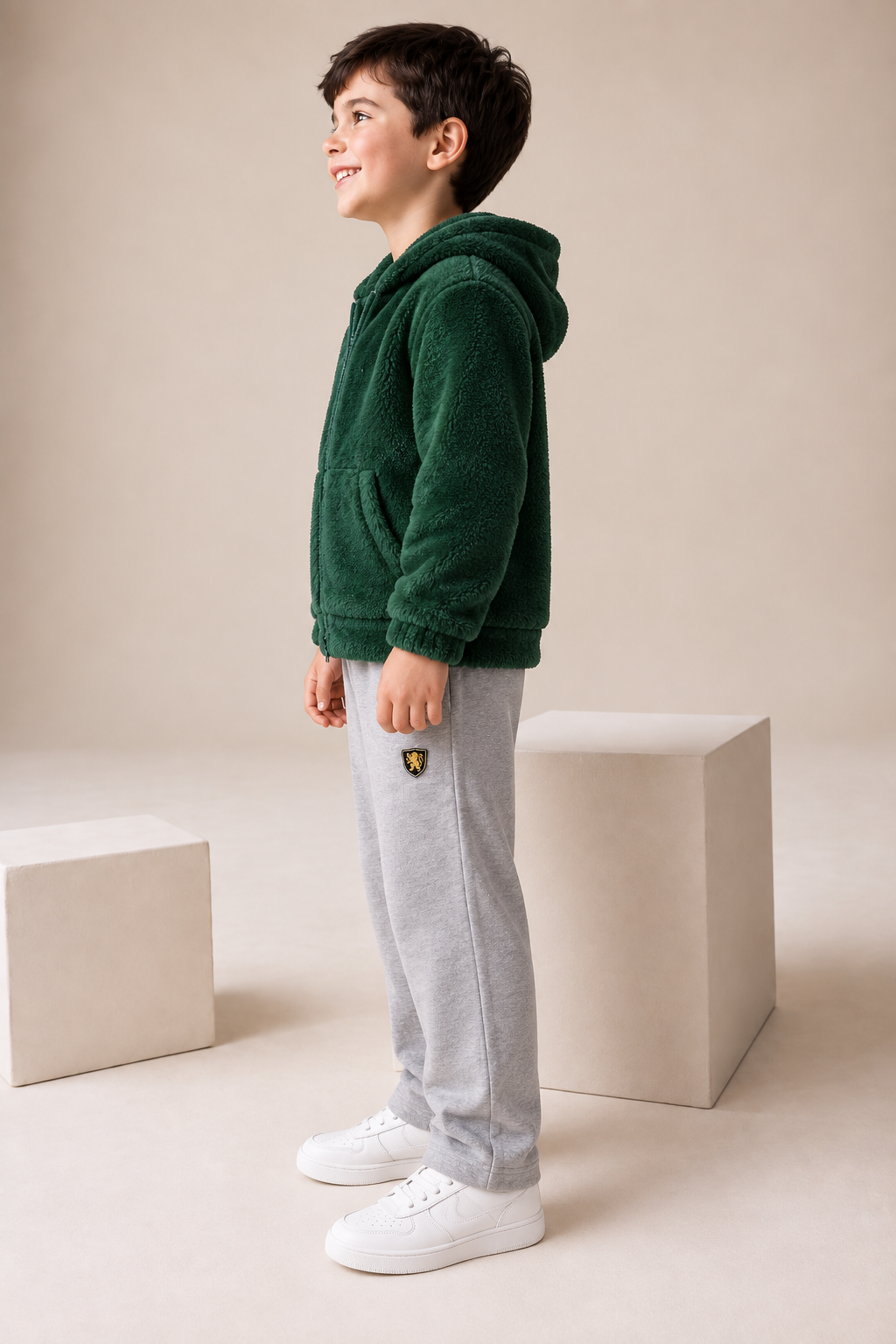 Junior Boys Hunter Green Double-Sided Coral Fur Hooded Sweatshirt – Regular Fit