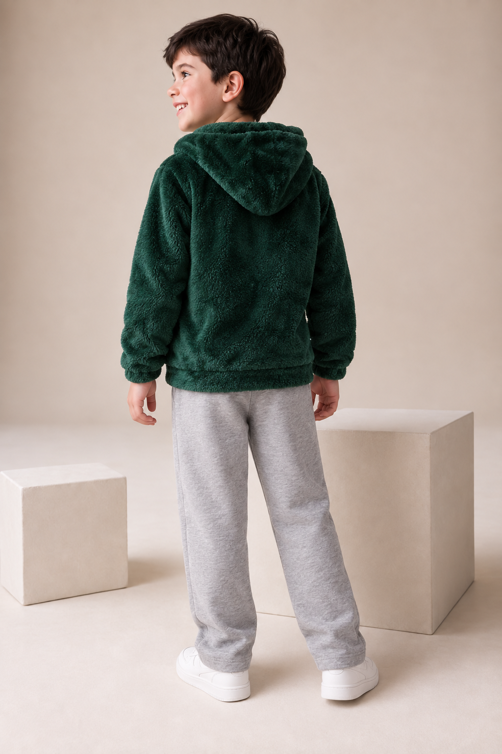 Junior Boys Hunter Green Double-Sided Coral Fur Hooded Sweatshirt – Regular Fit