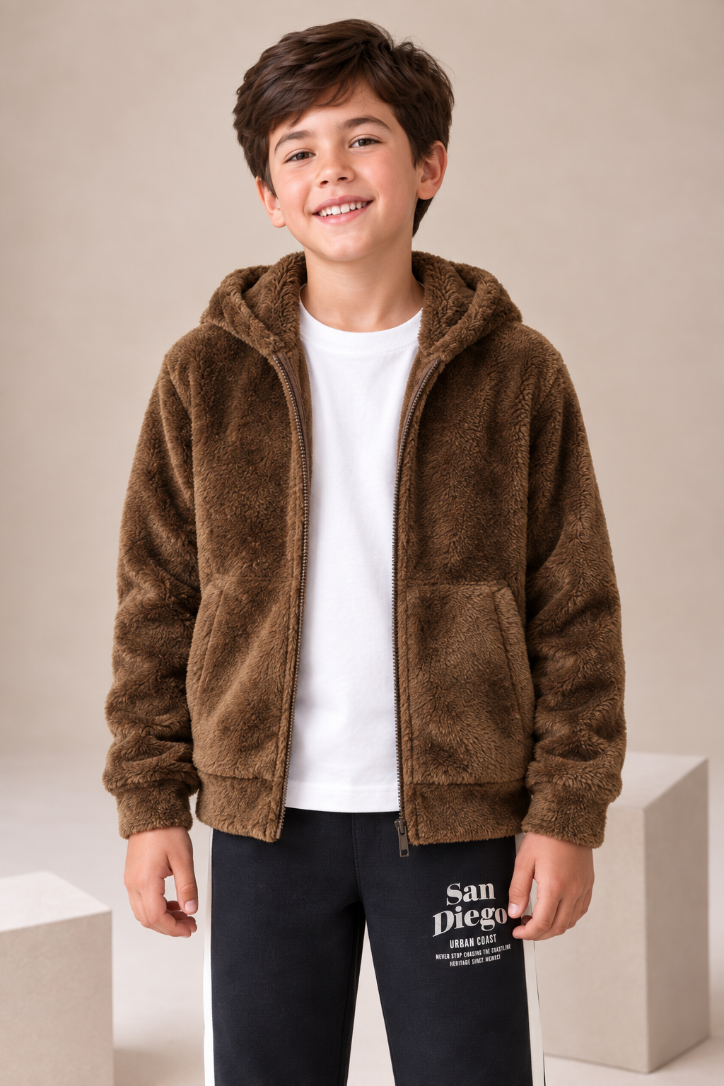 Junior Boys Tan Double-Sided Coral Fur Hooded Sweatshirt – Regular Fit