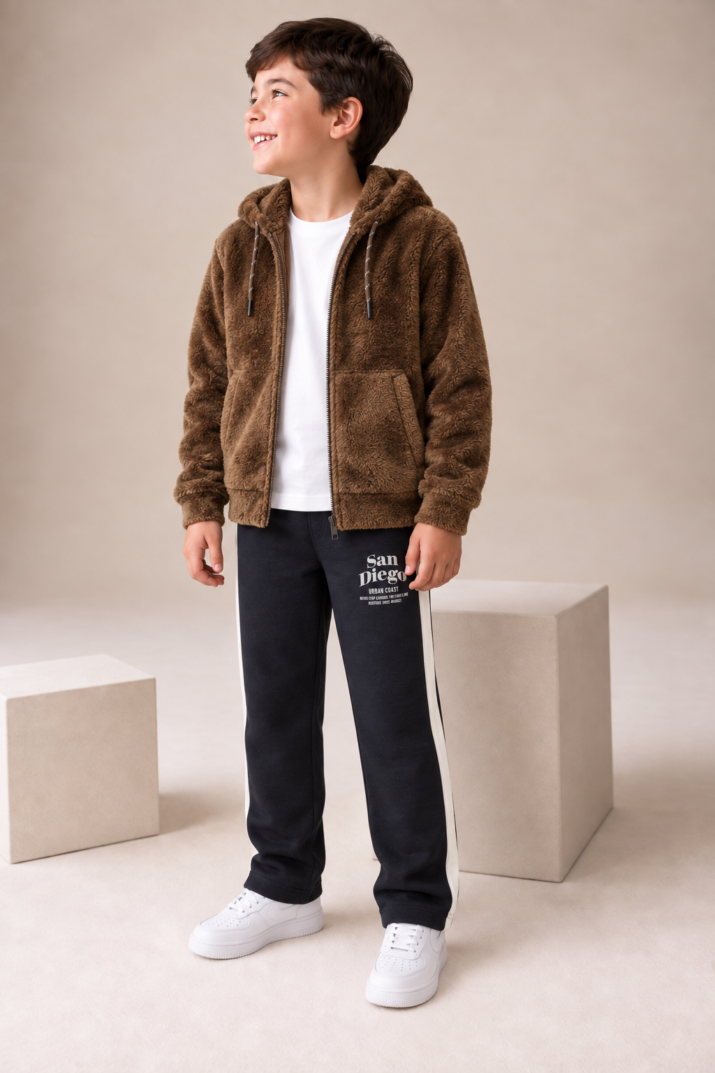 Junior Boys Tan Double-Sided Coral Fur Hooded Sweatshirt – Regular Fit