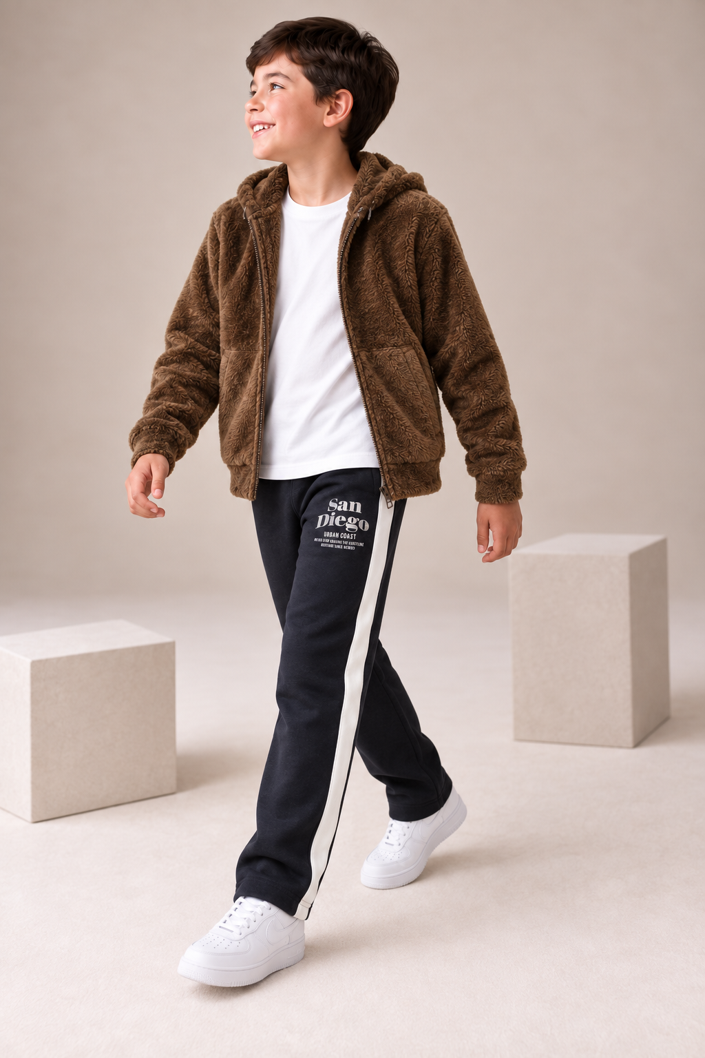 Junior Boys Tan Double-Sided Coral Fur Hooded Sweatshirt – Regular Fit