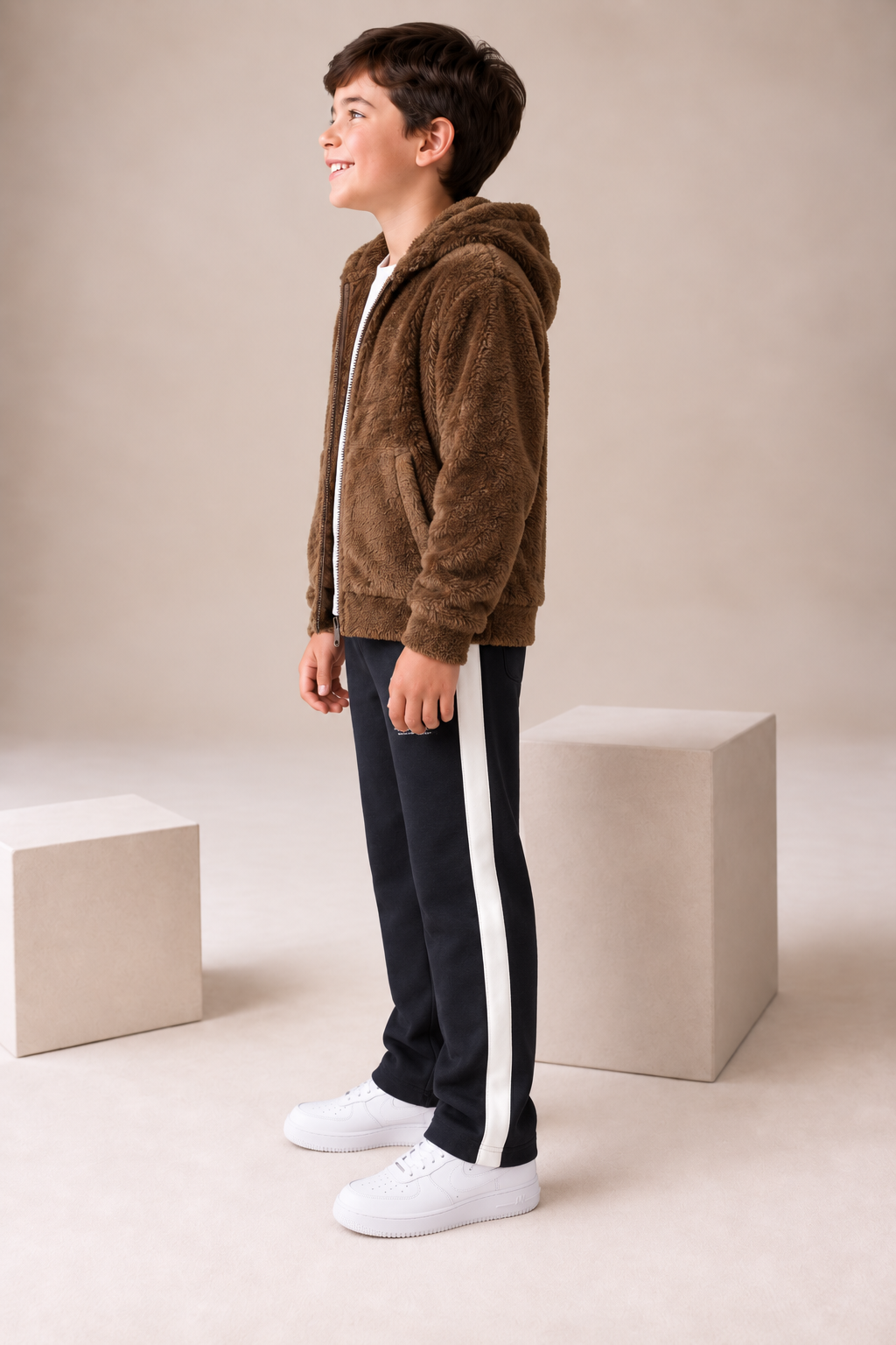 Junior Boys Tan Double-Sided Coral Fur Hooded Sweatshirt – Regular Fit