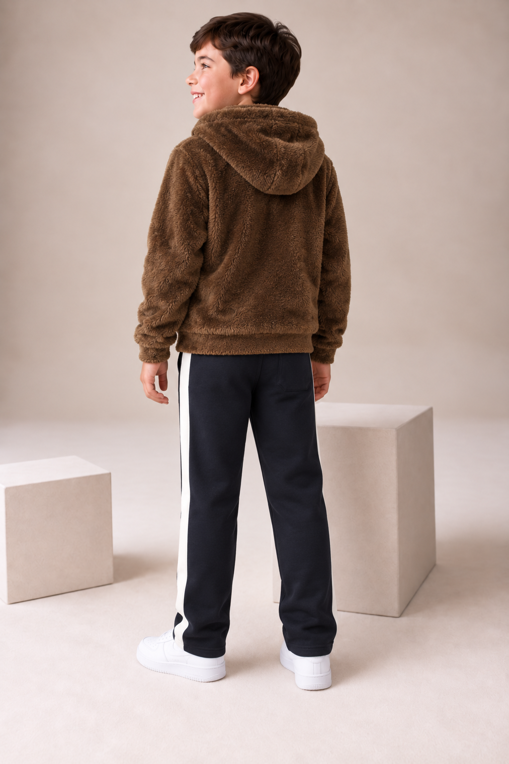 Junior Boys Tan Double-Sided Coral Fur Hooded Sweatshirt – Regular Fit