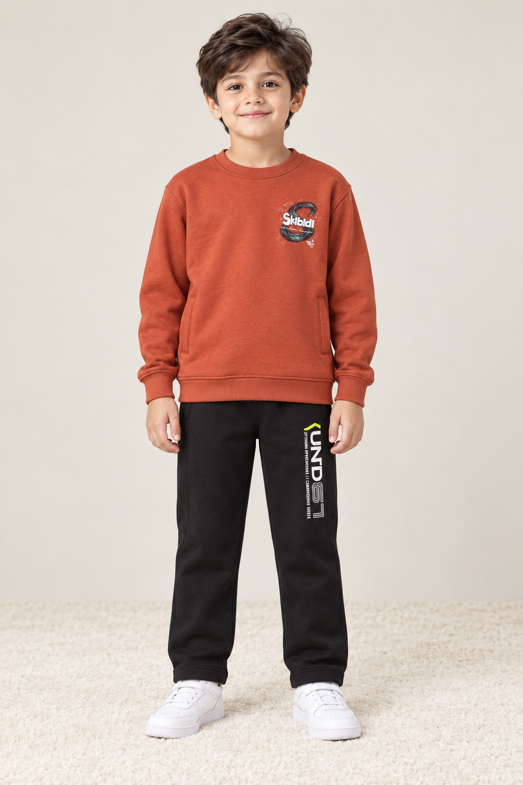 Junior Boy Knitted Brushed Cotton Light Rust Sweatshirt with Graphic Print