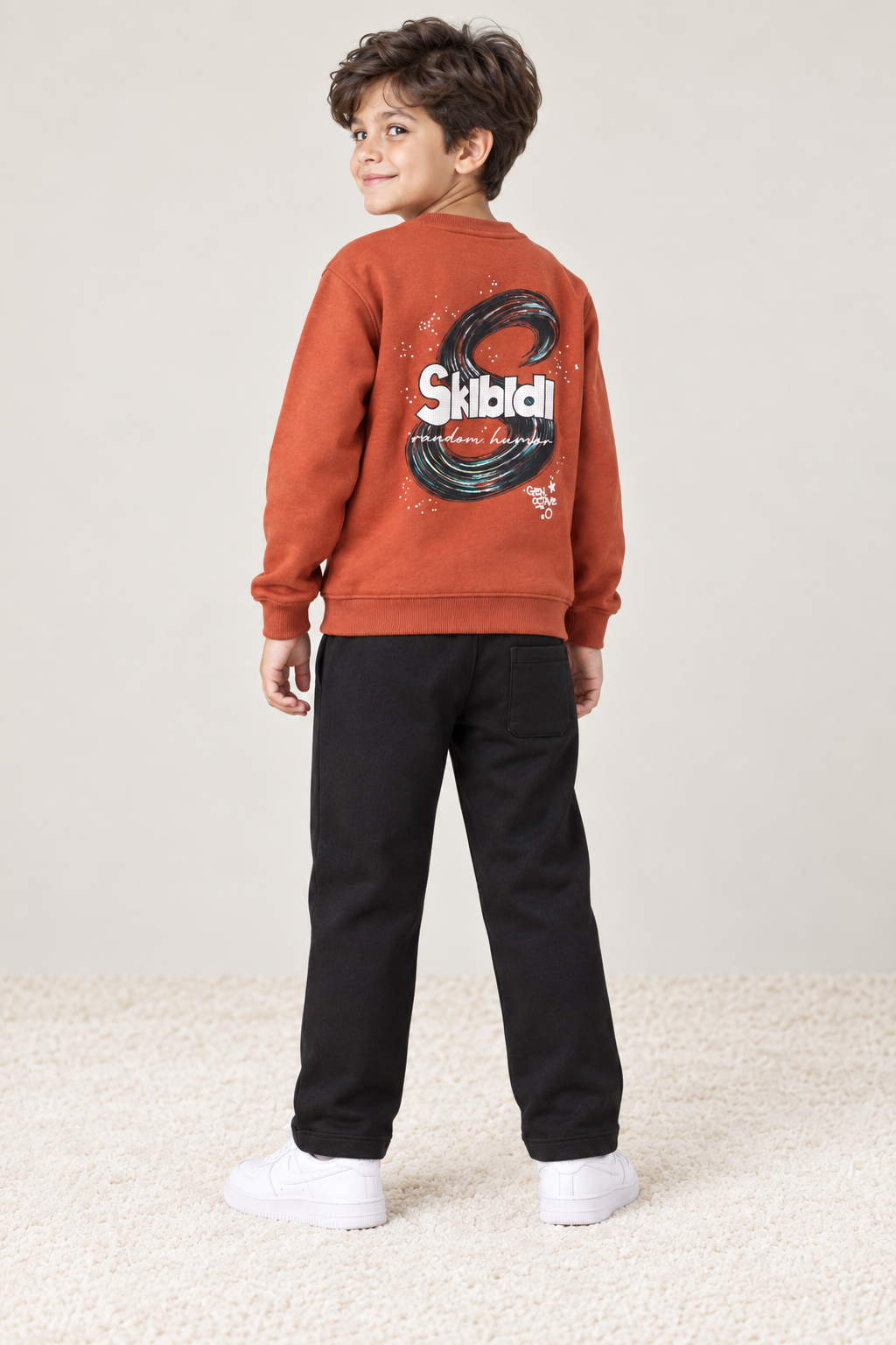 Junior Boy Knitted Brushed Cotton Light Rust Sweatshirt with Graphic Print