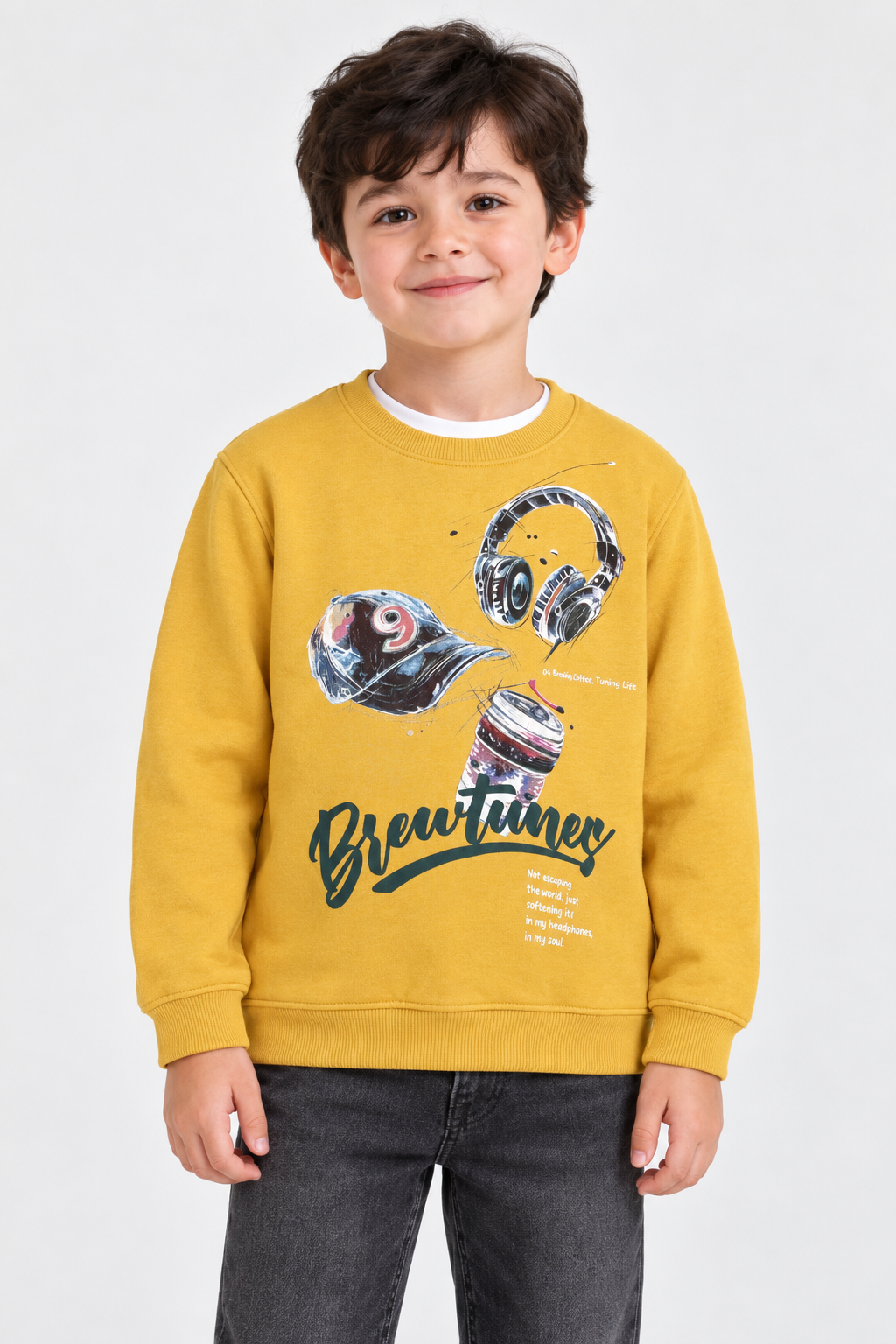 Junior Boys Mustard Cotton Brushed Fleece Graphic Sweatshirt – Regular Fit