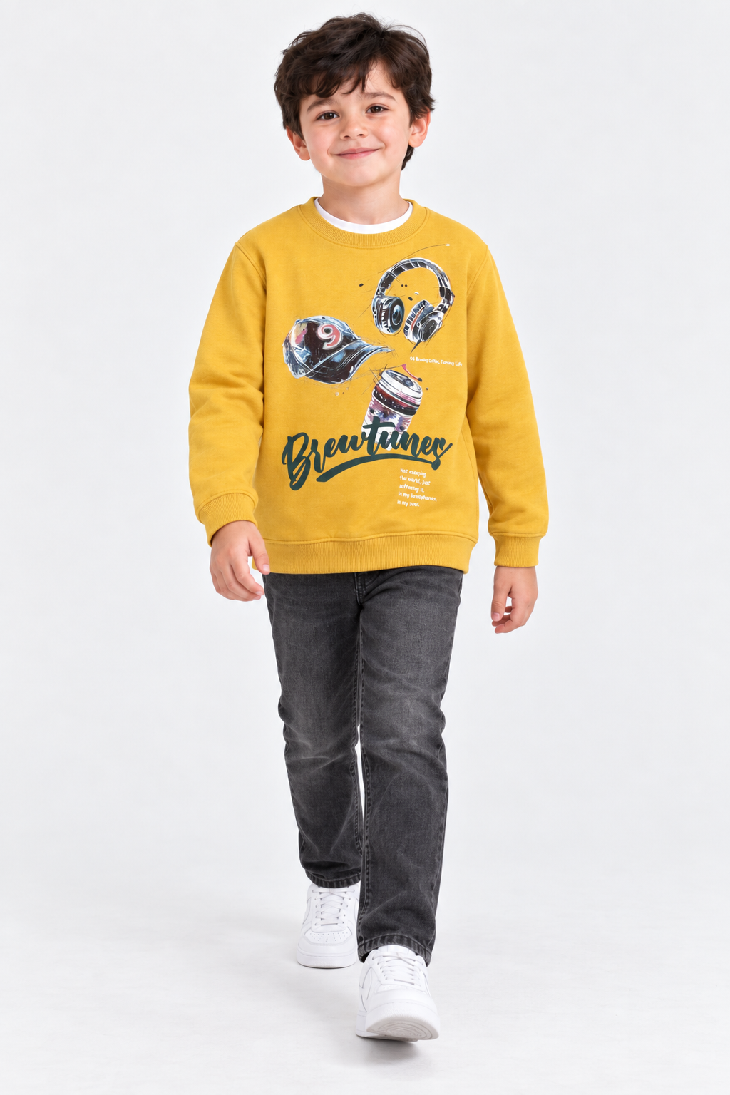 Junior Boys Mustard Cotton Brushed Fleece Graphic Sweatshirt – Regular Fit