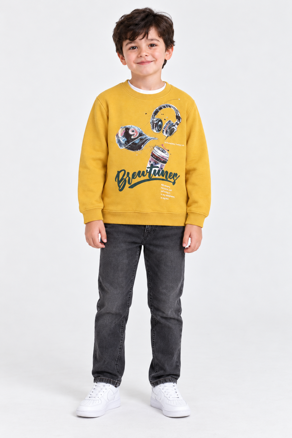 Junior Boys Mustard Cotton Brushed Fleece Graphic Sweatshirt – Regular Fit