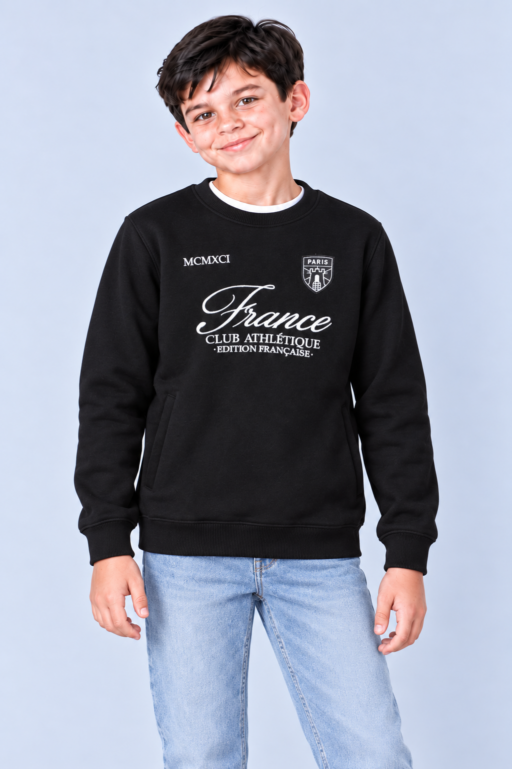 Junior Boys Black Graphic Sweatshirt – Cotton Brushed Fleece Regular Fit Crew Neck