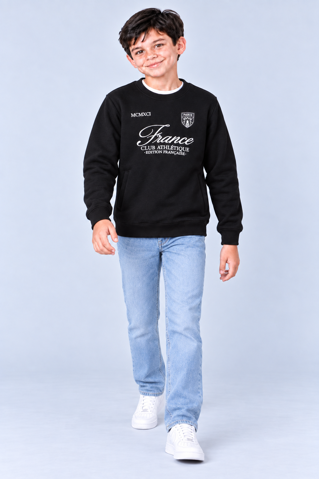 Junior Boys Black Graphic Sweatshirt – Cotton Brushed Fleece Regular Fit Crew Neck